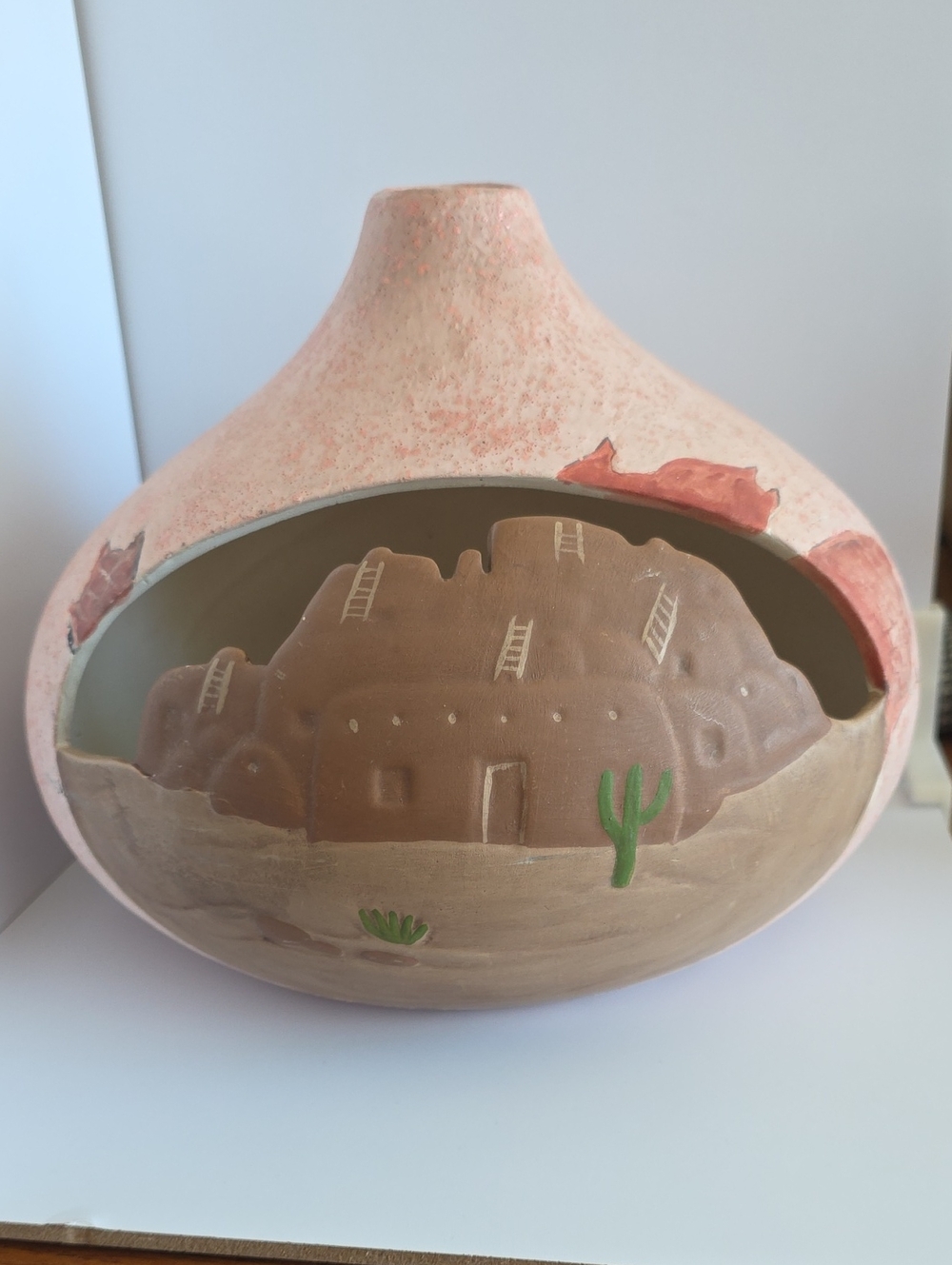 Southwest Terracotta Ceramic Diorama Luminary Vase 3D Adobe Pueblo Cactus
